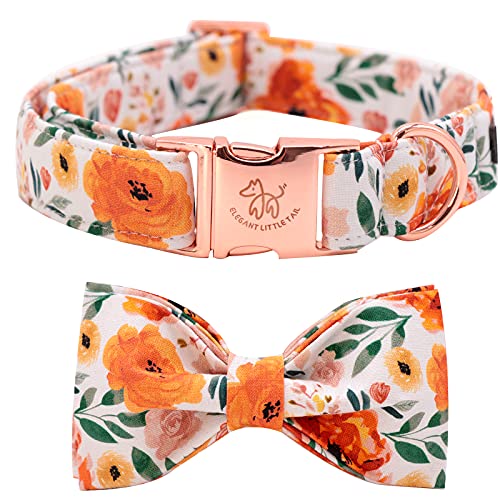 Elegant little tail Floral Dog Collar with Bow, Comfotable Dog Bowtie, Bowtie Dog Collar Adjustable Girl Dog Collars for Small Medium Large Dogs and Cats - color: Orange Floral, size: X-Small (Pack of 1)