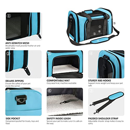 Henkelion Pet Carrier for Small Medium Cats Puppies up to 15 Lbs, Airline Approved Small Dog Travel Puppy Carrier Soft Sided, Collapsible - Blue - color: Blue, size: 17.0"L x 11.0"W x 11.0"H