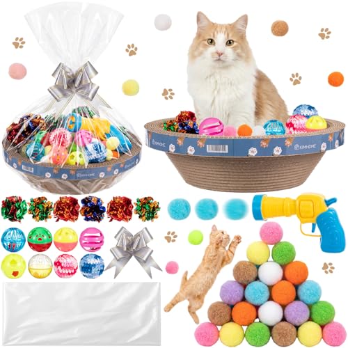 Zopeal 64 Pcs Easter Cat Toy Gift Set Magic Cat Scratcher Board Ball Launcher Gun Crinkle and Yarn and Plastic Bell Ball Kitten Toy with Bow for Pet Interactive Engaging Gift(Bowl Shape) - style: Bowl Shape