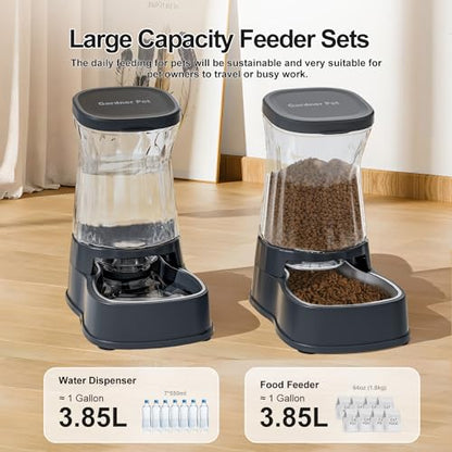 Gardner Pet Automatic Dog Water Dispenser Gravity Stainless Steel Waterer & Food Feeder Set, 100% BPA Free Large Capacity Feeding Bowls for Medium & Large-Sized Dogs Cats Other Pets -(1 Gallon x2) - color: Dark Grey-Sets, size: 1 Gallon (Water & food disp