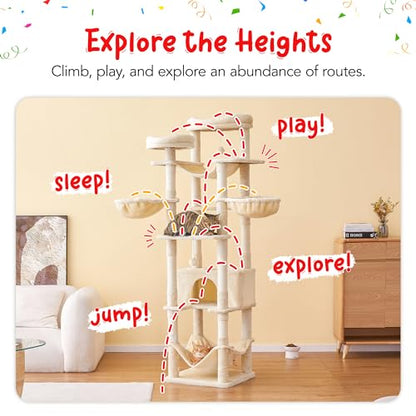 77-Inch Tall Cat Tree, Multi-Level Large Cat Tower with 4 Hammocks, 2 Padded Perches, Cat Condo, Sisal Scratching Posts and Hanging Toys for Adult Cats, Beige - color: Beige, size: XXL (19.7 x 19.7 x 77 Inches)