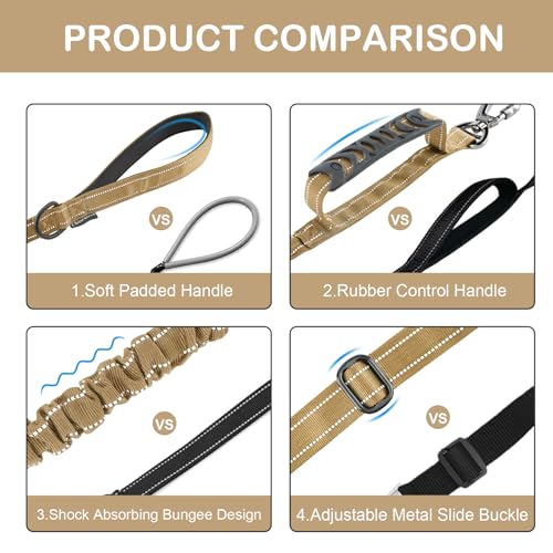 Tactical Dog Leash Heavy Duty, 4-6FT Shock Absorbing Bungee Dog Leash, Reflective Military Strong No Pull Lead with 2 Padded Handle and Car Seatbelt for Medium Large Dogs, Khaki - color: Khaki