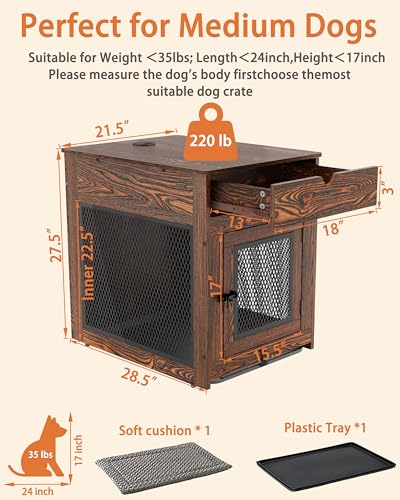 Dog Crate Furniture,Wooden Dog Crate End Table with Storage Drawer&Cushion&Tray, QC3.0 Wireless Charging,Dual USB,Medium Dogs Rustic Style - color: Rustic Brown, size: 28.5"L x 21.5"W x 30.5"H