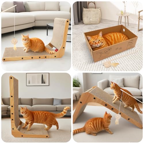 Goosheep L-Shaped Cat Scratcher 2-in1 Scratching Board for Indoor Cats Protecting Furniture Cardboard Box Scratch Pad with Ball Toy Cats Scratching Posts with Cat Teaser - color: 1pk 25.2in L-Shape Cat Scratcher with Box