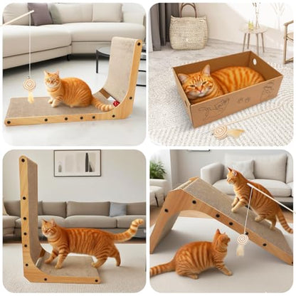 Goosheep L-Shaped Cat Scratcher 2-in1 Scratching Board for Indoor Cats Protecting Furniture Cardboard Box Scratch Pad with Ball Toy Cats Scratching Posts with Cat Teaser - color: 1pk 25.2in L-Shape Cat Scratcher with Box