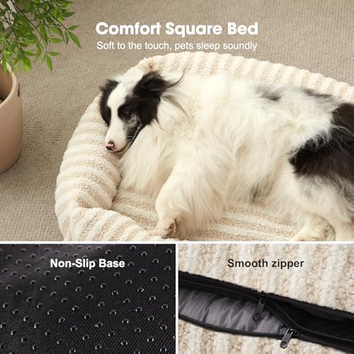MIXJOY Dog Bed for Medium Sized Dogs, Washable Medium Dog Beds with Removable Cover, Rectangle Pet Beds with Non-Slip Bottom, Warming Calming Dogs Cuddler, 25"x21"x7", White - color: White, size: S Plus(25"Lx21"Wx7"Th)