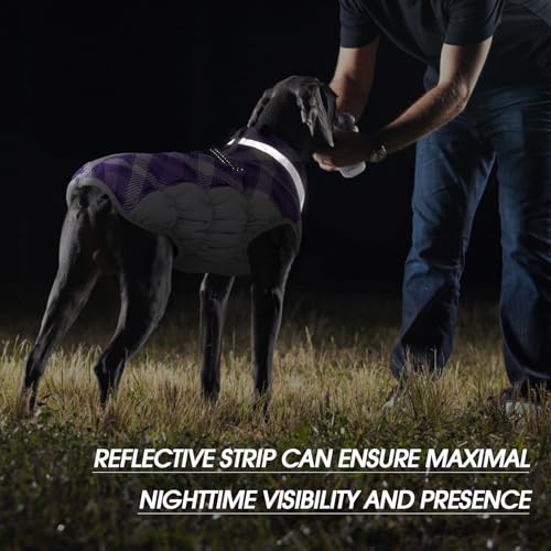 FUAMEY Dog Coat for Small Dogs,Waterproof Dog Winter Jacket with Harness Built in Puppy Cold Weather Coats Reflective Pet Vest with Zipper Warm Fleece Dogs Snowsuit Windproof Purple Plaid XS - color: Purple Plaid, size: XS(chest:14in)