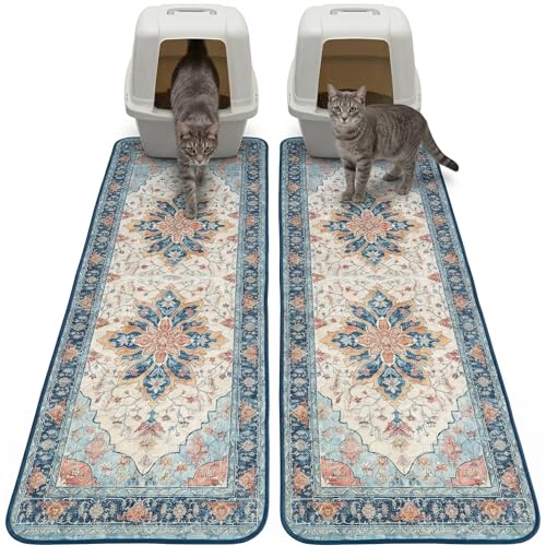 Hompet Cat Litter Mat 2 Pack, 18x54 Large Machine Washable Trapping Mats for Cats, Super Absorbent & Urine-Proof Cat Litter Box Mat for Floor, Waterproof & Non Slip Kitty Litter Rug - color: Husk Birch Sunflower, size: 18x54 Inch (Pack of 2)