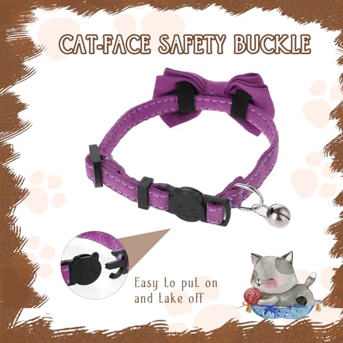 2 Pcs Kitten Collar with Bell Cute Cat Collar for Girl Cats Breakaway Bowtie Cat Collars Adjustable Small Puppy Safety Collar Solid Color Plaid Pet Collar (Purple) - color: purple