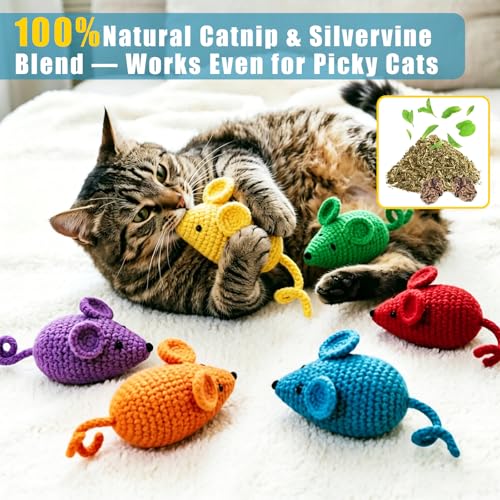 Retro Shaw Catnip Toys Crochet Mouse 6 Pcs - 100% Natural Catnip & Silvervine Blend Yarn Cat Nip Mice, Durable Hand-Knitted Teething Chew Toy for Indoor Cats & Kittens, Interactive Play & Dental Care - style: Mouse-6