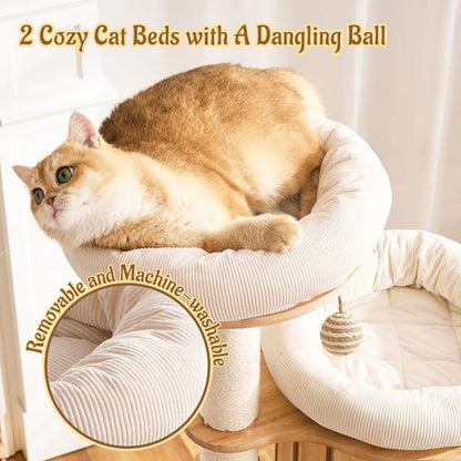 Modern Cat Tree Tower with Scratching Post, 61.5in Tall Cat Tree for Indoor Cats, Multi-Level Solid Wood Cat Furniture with Ladder, Cozy Cat Beds, Cat Condo, Capsule Nest, Dangling Toy, Natural - color: 61.5"Natural