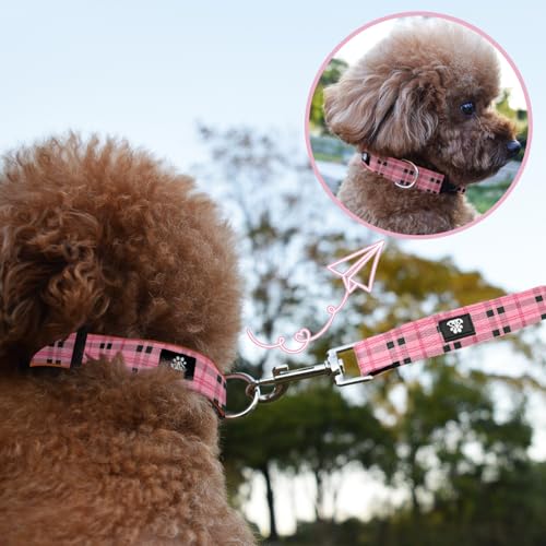Dog Collar and Leash Set,Soft Neoprene Pet Collar with Quick Release Buckle,Adjustable Nylon Dog Collars for Small Medium Large Dogs(Medium,Cherecked Pink) - color: Checkered Pink, size: Medium