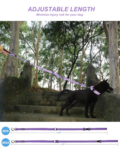 AUBELL Double Handle Tactical Dog Leash Heavy Duty for Small and Medium Large Dogs,Reflective Adjustable Nylon Leash that Pull with Car Seatbelt for Training,4.5-6FT,Purple - color: No bungee-Purple(4.5-6FT)