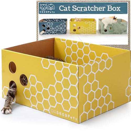 5609PETS Cat Scratching Box, Extra Large Refillable Double-Sided Scratch Pad, No-Mess Cat Scratcher for Indoor Cats - color: Yellow Honeycomb, size: Scratcher Box + 1 Scratcher Pad