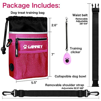 Dog Treat Pouch Pet Training Bag for Small to Large Dogs, Treat Tote Carry Kibble Snacks Toys for Training Reward Walking, Metal Clip, Waist belt, Shoulder Strap, Poop Bag Dispenser and Clicker - color: Pouch(Pink with Black)+Clicker