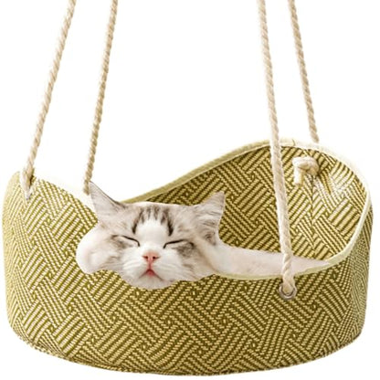 Breathable Pet Cage Hammock with Metal Hooks, Rattan and Bamboo Woven Cat Hammock for Kittens, Rabbits, Small Dogs, Cat Hanging Bed for Cage (Green)