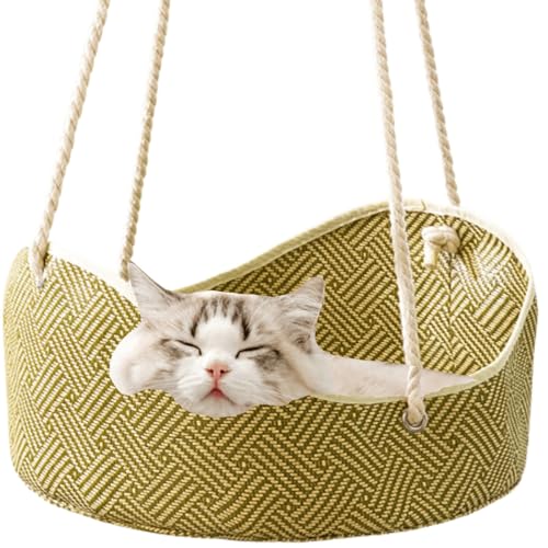 Breathable Pet Cage Hammock with Metal Hooks, Rattan and Bamboo Woven Cat Hammock for Kittens, Rabbits, Small Dogs, Cat Hanging Bed for Cage (Green)
