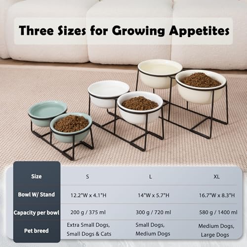 Ceramic Elevated Dog Bowl Set - Double Dog Food and Water Bowls with Metal Stand - Raised Pet Dishes for Puppies and Cats - 2 Cups - 12.5 fl oz - Green - color: Green, size: S-200ml