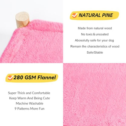 Cat and Dog Hammock Bed for Small Dogs, Brethable Wooden Cat Pet Rabbit Elevated Bed Cots Furniture for All Seasons Fleece Hot Pink - color: Fleece Hot Pink