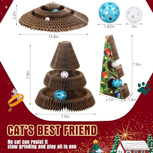 Soulchen Christmas Tree Magic Organ Cat Scratching Board, Combinable Cat Toy, Interactive Cardboard Kitty Scratcher with Bell Ball, Durable Foldable Accordion Scratch Pad, Exercise for Indoor