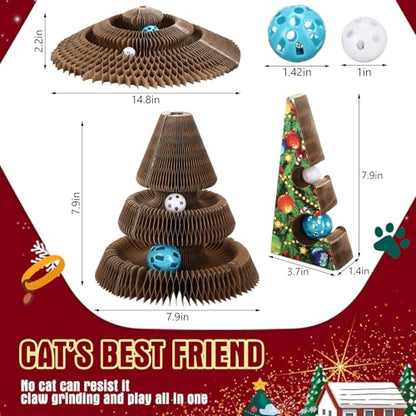 Soulchen Christmas Tree Magic Organ Cat Scratching Board, Combinable Cat Toy, Interactive Cardboard Kitty Scratcher with Bell Ball, Durable Foldable Accordion Scratch Pad, Exercise for Indoor