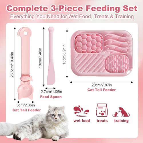 AZY 3-Piece Slow Feeder Cat Bowl and Lick Mat Set – Silicone Cat Treat Spoon & Feeding Mat for Wet Food, Enrichment and Slow Eating (Pink) - color: pink
