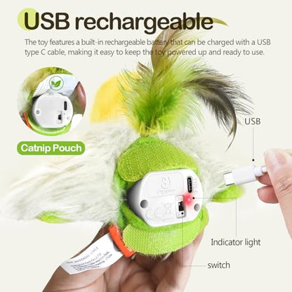 Migipaws Cat Toys,Interactive Lifelike Amakihi Flying Flapping Bird with Catnip, Feathers Hanging by Elastic String, Automatic Chirping Kitten Toys for Indoor Cats Self Play, Rechargeable(Green) - color: Emerald green