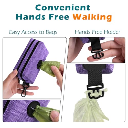 Dog Poop Bag Holder, Portable Pet Waste Bag Dispenser, 2 Pouches for Treats and Walking Accessories, Fit All Leashes, Includes 1 Roll of Dog Poop Bags (Purple) - color: Purple