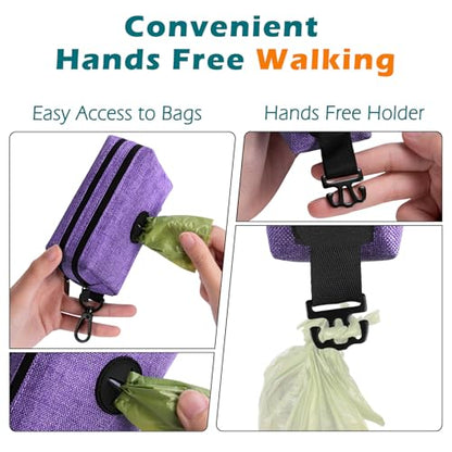 Dog Poop Bag Holder, Portable Pet Waste Bag Dispenser, 2 Pouches for Treats and Walking Accessories, Fit All Leashes, Includes 1 Roll of Dog Poop Bags (Purple) - color: Purple