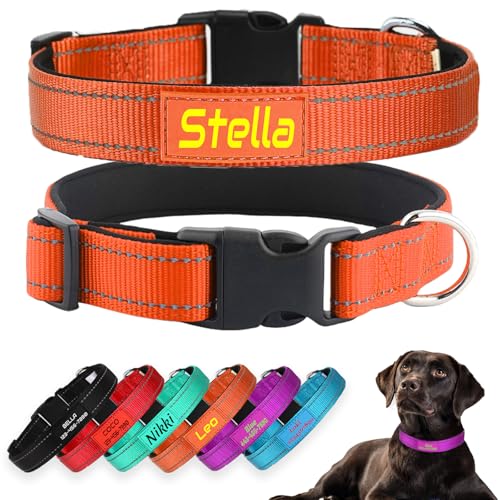 Personalized Dog Collars, Reflective Nylon Custom with Pet Name and Phone Number,Adjustable 5 Sizes and 3 Fonts Soft Neoprene Padded Dog Collar for Boy Girl Puppies Dogs,Orange - color: Orange
