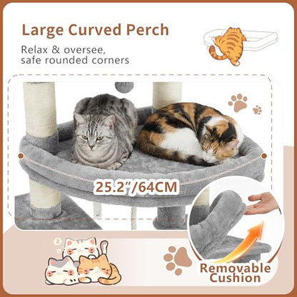 Heybly Cat Tree, 74-Inch Streamlined Cat Tower for Large Cats with 3-Tier Stacked Condos, Cat Furniture with Large Perch, Sturdy Base, Full Sisal Scratching Posts & Ramp, Light Gray HCT061W - color: Light Gray