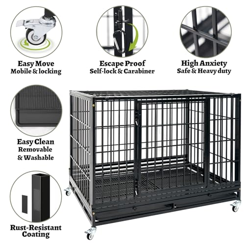 47 Inch Heavy Duty Dog Crate for Large Dogs, Two Tiers Chew-Proof Drop Cage for Dog with 4 Lockable Wheels, Escape Proof Auto-Lock & Buckle, Double-Access Wide Door Dog Kennel Indoor - size: 47.0"L x 29.0"W x 67.0"H