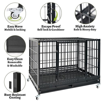 47 Inch Heavy Duty Dog Crate for Large Dogs, Two Tiers Chew-Proof Drop Cage for Dog with 4 Lockable Wheels, Escape Proof Auto-Lock & Buckle, Double-Access Wide Door Dog Kennel Indoor - size: 47.0"L x 29.0"W x 67.0"H