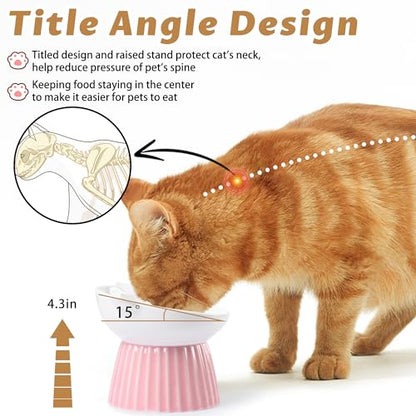 Ceramic Raised Cat Bowl，Tilted Raised Bowl Anti Vomit for Indoor Cats Whisker Friendly Pet Feeder for Cats Puppies, Microwave and Dishwasher Safe (Blue) - color: Pink