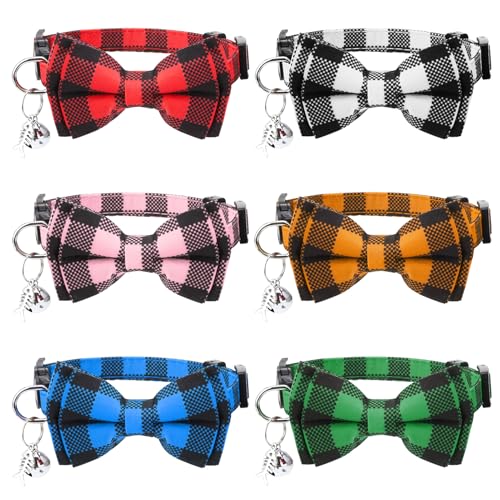 6 Pack Breakaway Cat Collars with Bow Tie and Bell Classic Plaid Kitten Cat Collars Adjustable Cat Bowtie Collar with Pendants for Girl Boy Kitten Cats