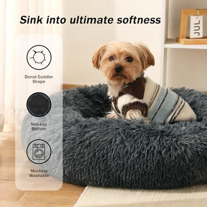 Calming Donut Dog Bed for Small to Medium Dogs & Cats - Plush Faux Fur Anti-Anxiety Pet Bed with Machine Washable Cover & Non-Slip Base - color: Dark gray, size: X-Small 15.7''