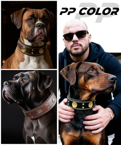 Leather Dog Collar, 2 inches Wide Heavy Duty Genuine Leather Collars, Handmade, Soft, and Luxury, Eye-catching Best Choice for Large and Medium Breed Dogs, Brown-Gold 18.5-22.5 in - color: Brown-Gold, size: 18.5-22.5 in