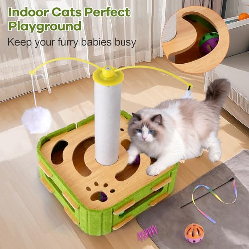 Cat Puzzle Box Toy for Indoor Cats Boredom Relief Interactive Wooden Cat Enrichment Maze with Jingle Balls, Feather Wands & Spiral Springs, Slow Feeder Treat Dispenser for Kittens & Adult Cats - size: Large