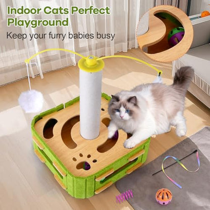 Cat Puzzle Box Toy for Indoor Cats Boredom Relief Interactive Wooden Cat Enrichment Maze with Jingle Balls, Feather Wands & Spiral Springs, Slow Feeder Treat Dispenser for Kittens & Adult Cats - size: Large