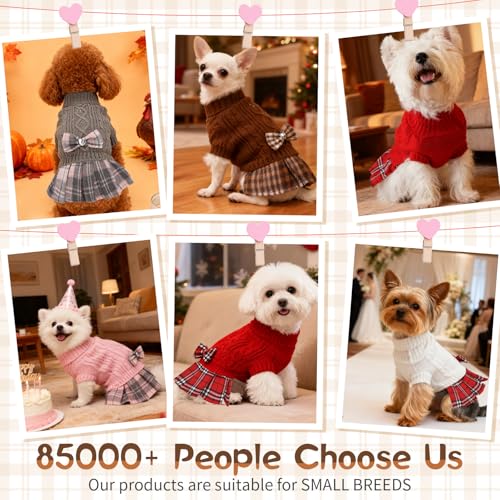 Hpetppy Dog Sweater Dresses for Small Dogs Girl with Bow & Plaid Skirt Soft Tureleneck Dog Sweater with Leash Hole Pet Clothes in Winter Thick Warm Pullover Pet Coats (Brown S) - color: Brown, size: Small (5-9lbs)