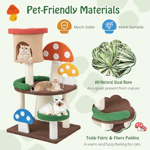 Tangkula Mushroom Cat Tree, Cute Cat Tower with Full-Wrapped Sisal Post, Scratching Board & Spring Ball, Cat Condo, Flower Cat Tree Tower for Indoor Cats Large Adult (40.5 Inch) - size: 40.5 Inch