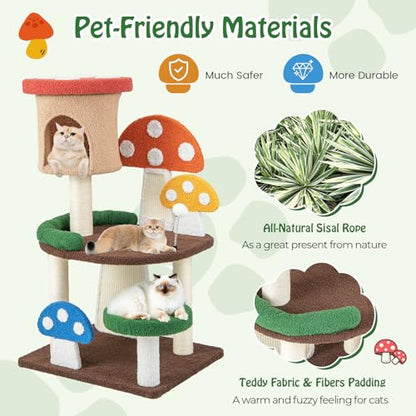 Tangkula Mushroom Cat Tree, Cute Cat Tower with Full-Wrapped Sisal Post, Scratching Board & Spring Ball, Cat Condo, Flower Cat Tree Tower for Indoor Cats Large Adult (40.5 Inch) - size: 40.5 Inch