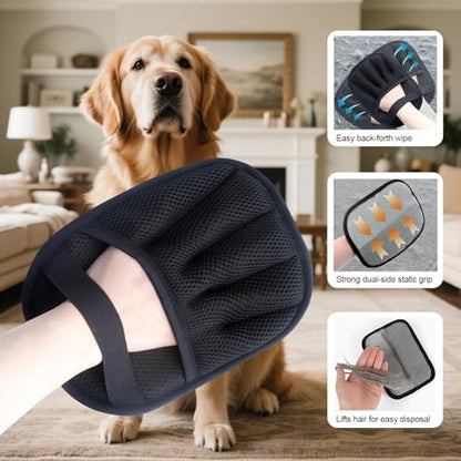 2Pcs Pet Hair Removal Glove for Cats & Dogs, with 2Pcs Toothbrush, Upgraded Five-Finger Electrostatic Pet Hair Gloves, Washable Reusable Pet Hair Remover Tool for Clothing, Couch, Carpet, Car Seat - color: Black