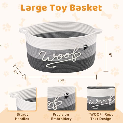 Woof Dog Toy Basket with Handles, Large Dog Toy Storage Bin with Paw Print, Woven Dog Basket for Blankets, Toys, Chews, Pet Toy Box for Nursery, Living Room, Bedroom, 17”x12”x9, Grey - color: Grey