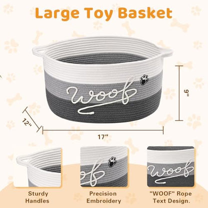 Woof Dog Toy Basket with Handles, Large Dog Toy Storage Bin with Paw Print, Woven Dog Basket for Blankets, Toys, Chews, Pet Toy Box for Nursery, Living Room, Bedroom, 17”x12”x9, Grey - color: Grey