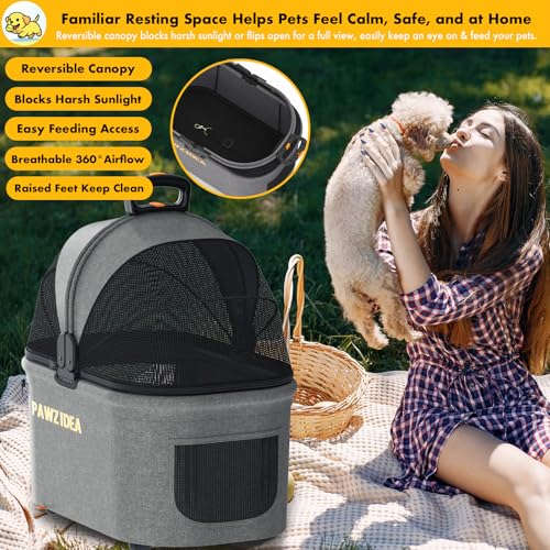 PAWZIDEA Portable Small Dog Crate for Car Travel up 33lbs, Enclosed Dog Car Seat Soft-Sided, Escape-Proof Reversible No-Zip Canopy, Foldable Pet Carrier Seatbelt for Small Medium Puppies & Cats Kennel - color: Mid-Hemp Grey, Small/Medium
