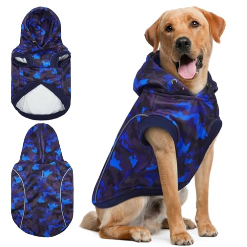 IECOii Dog Hoodie for Large Dogs, Fleece Lined Dog Sweatshirt Pullover with Leash Hole and Reflective Stripes, Windproof Warm Hoodie for Dogs Girl Boy, Fall Winter Doberman Hoodies, Blue Camo, XXXL - color: Blue, size: 3X-Large