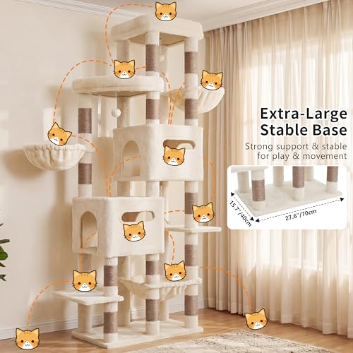 Heybly Cat Tree, 74.8-Inch Spacious & Tall Cat Tower for Large Cats, Cat Furniture with Large Top Perch, Solid Base, 2 Cat Condos, Hanging Hammock, Durable Sisal Scratching Posts, Beige HCT062MJ - color: Beige New