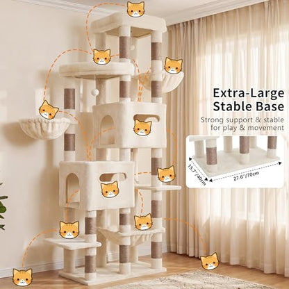 Heybly Cat Tree, 74.8-Inch Spacious & Tall Cat Tower for Large Cats, Cat Furniture with Large Top Perch, Solid Base, 2 Cat Condos, Hanging Hammock, Durable Sisal Scratching Posts, Beige HCT062MJ - color: Beige New