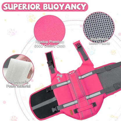 EMUST Dog Life Vests, Adjustable XS Dog Life Jacket with Rescue Handle, Puppy Flotation Vest for Small/Medium/Large Dogs, BrightPink, XS - color: Bright Pink, size: XS